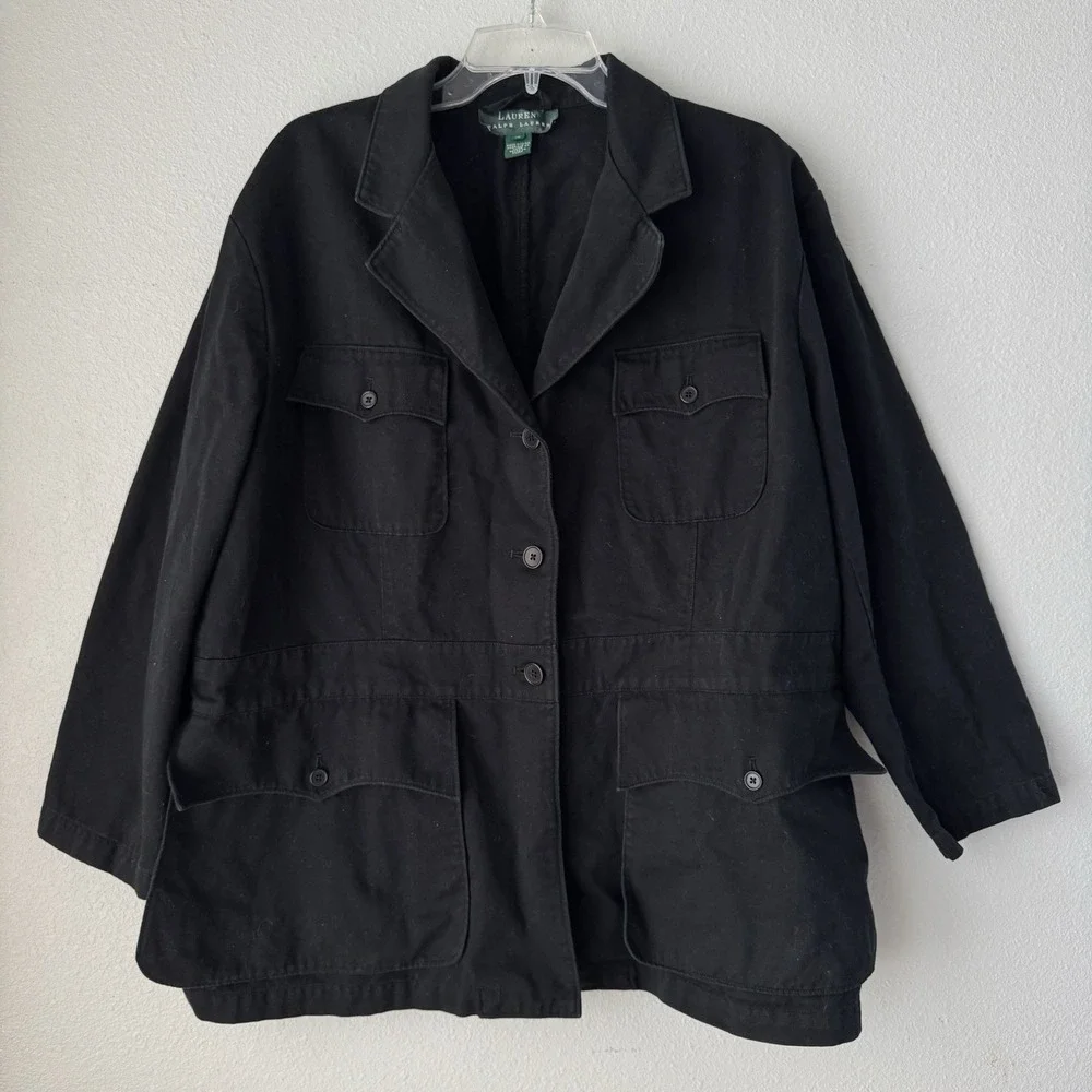 LRL Ralph Lauren Cotton Jacket Black Women Sz 16 Classic Pockets Preppy Academia